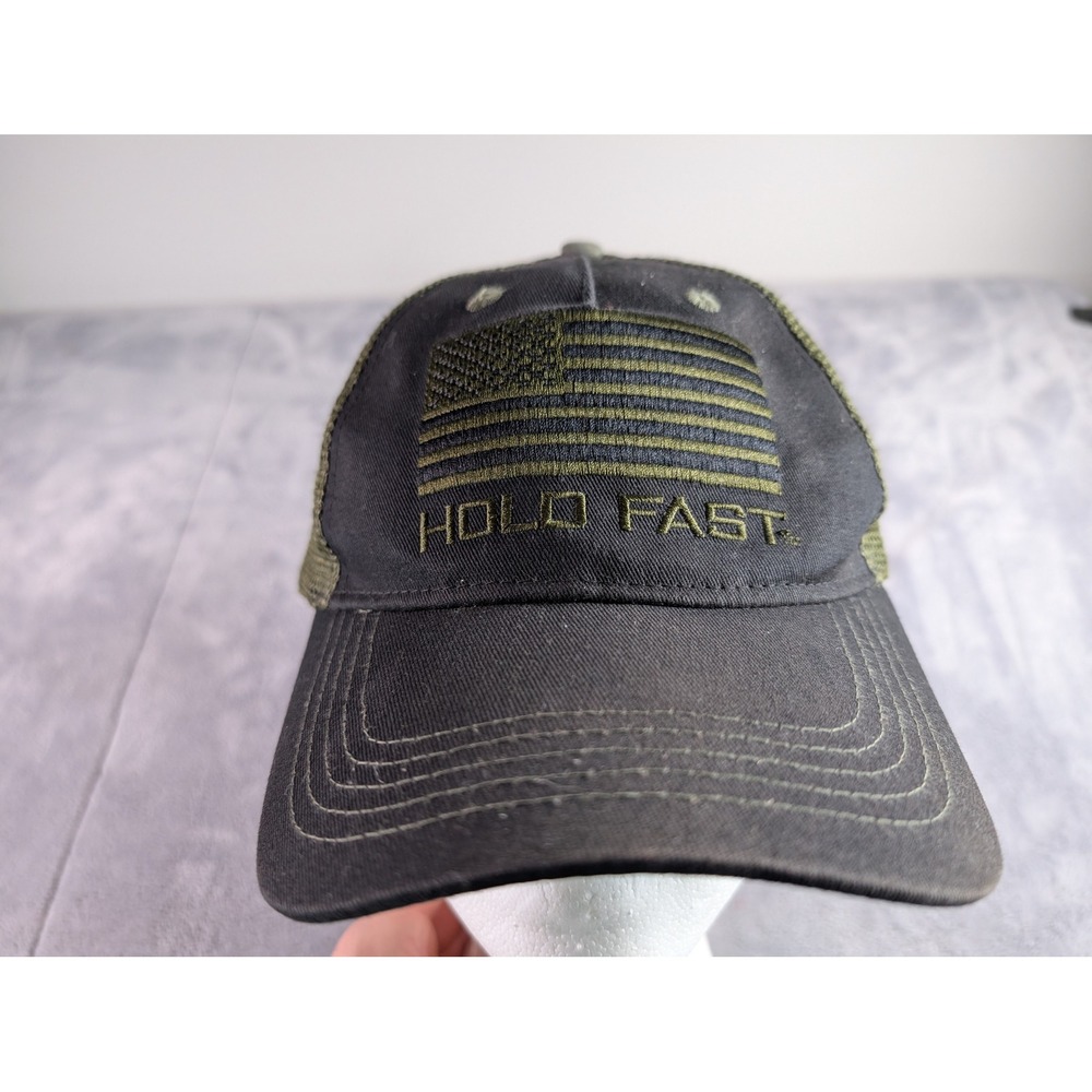 Hold Fast Mens American Flag Trucker Hat Olive Green Black Faith Family Freedom